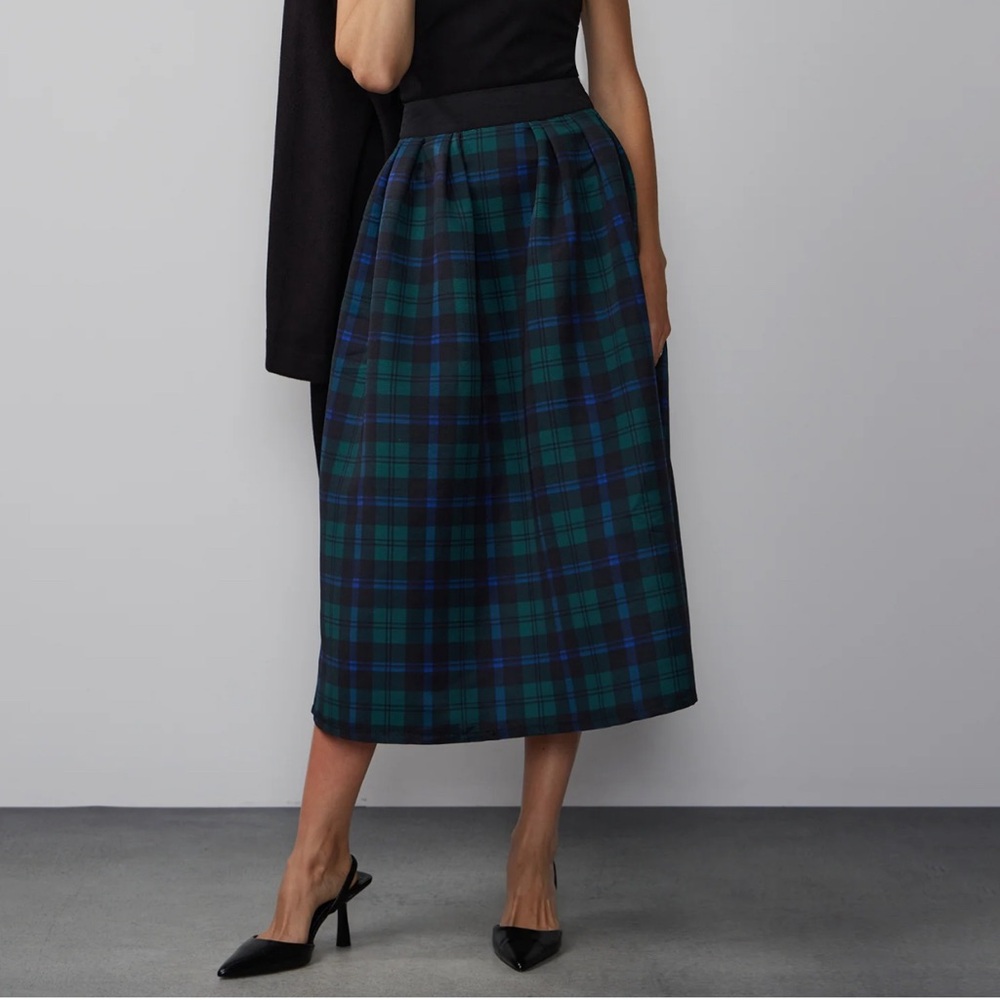NY&Co Green and Navy Tartan Plaid Midi Skirt